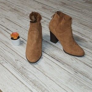 Brash brown faux suede stacked heeled zip up boots